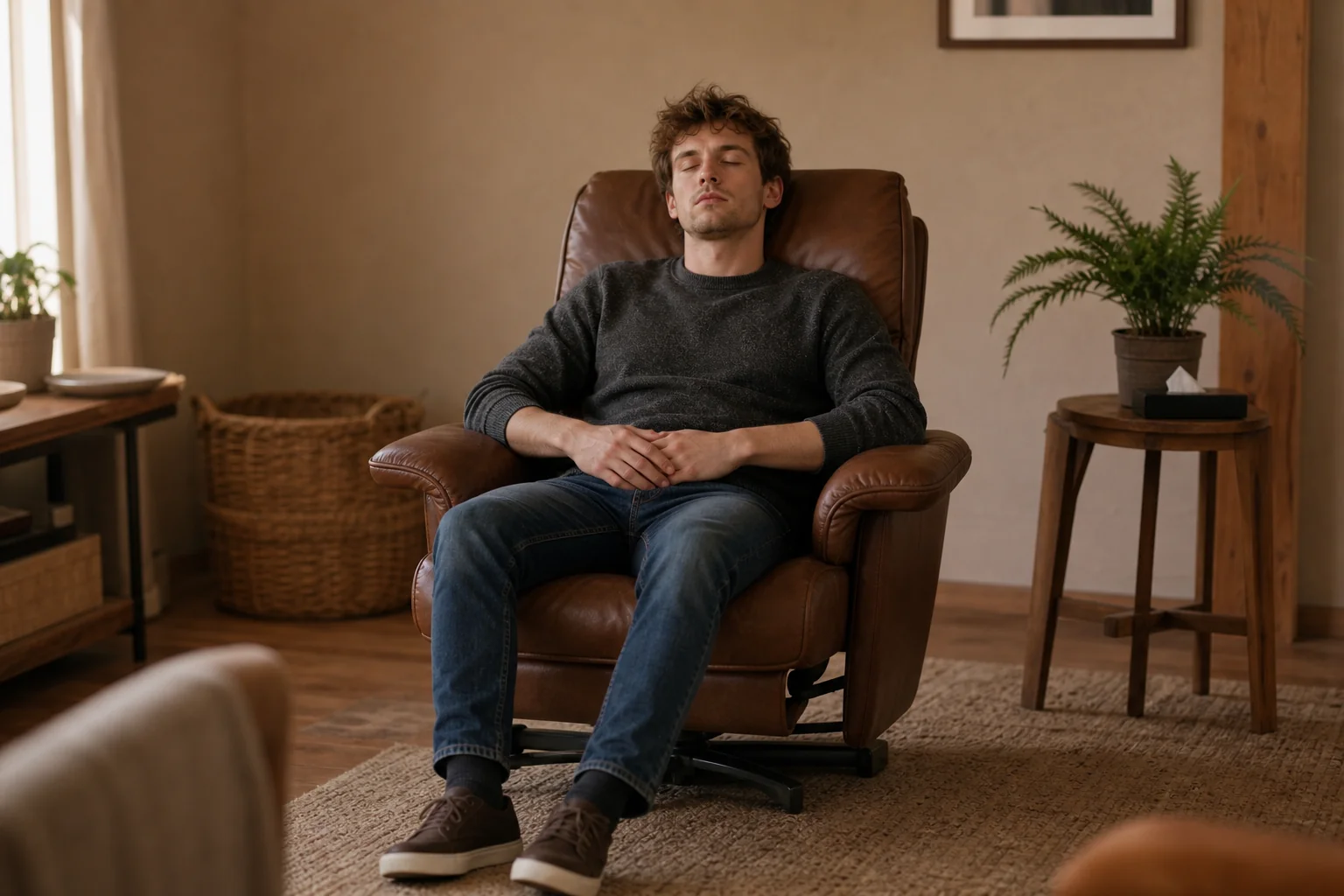 Man reclined in a leather chair, eyes closed and hands folded, during an emotional trauma hypnosis session
