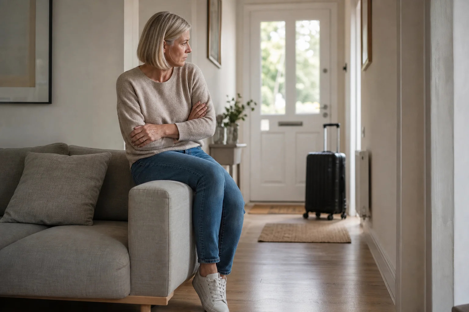 Woman perched on a sofa arm with folded arms, looking at a packed suitcase, before fear of flying hypnotherapy