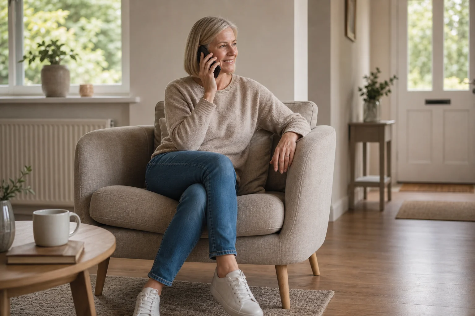 Woman with a blonde bob in an armchair at home, phone in hand, arranging fear of flying hypnotherapy in Essex