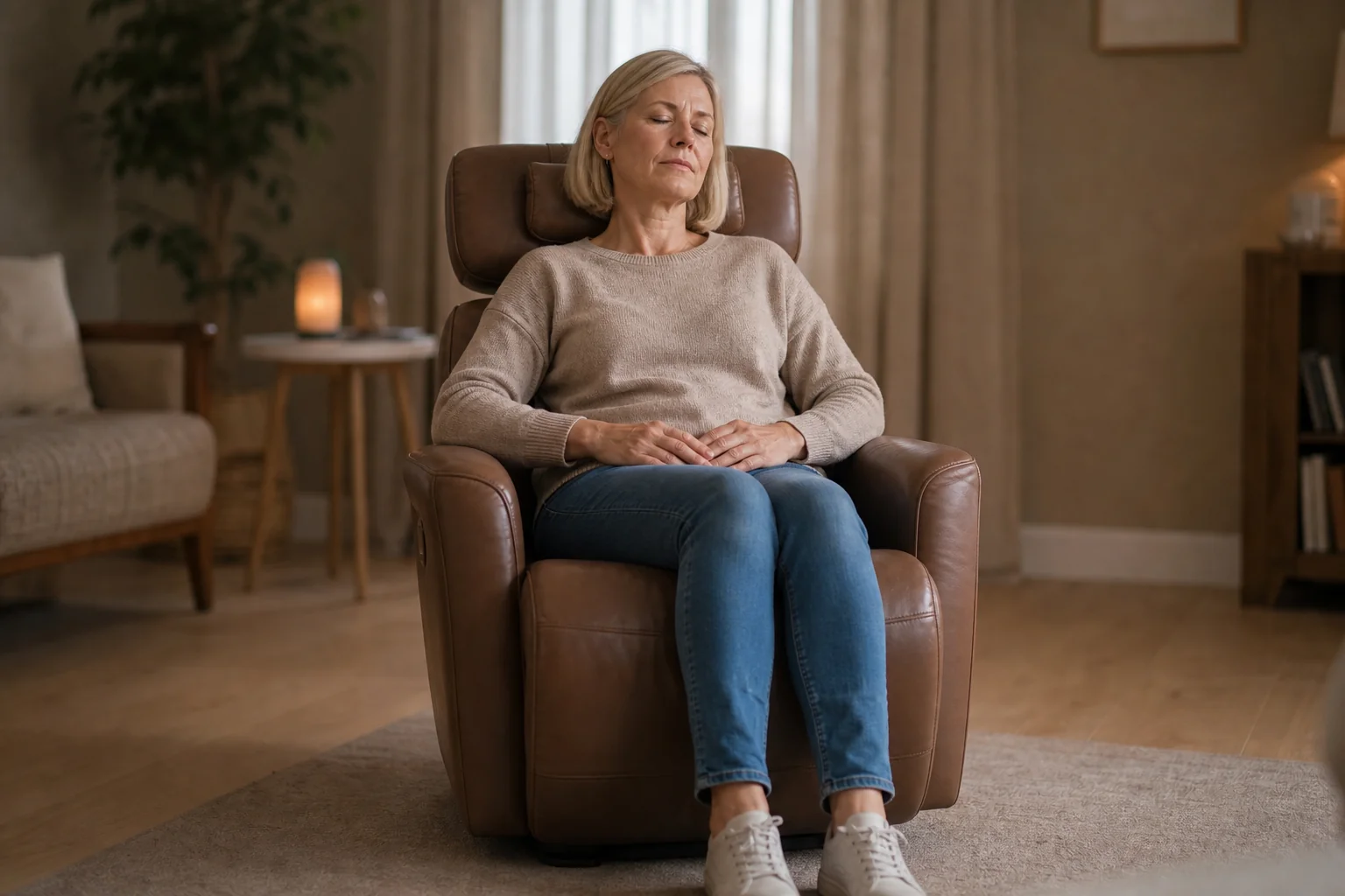 Woman resting back in a leather recliner with her eyes closed during a fear of flying hypnotherapy session