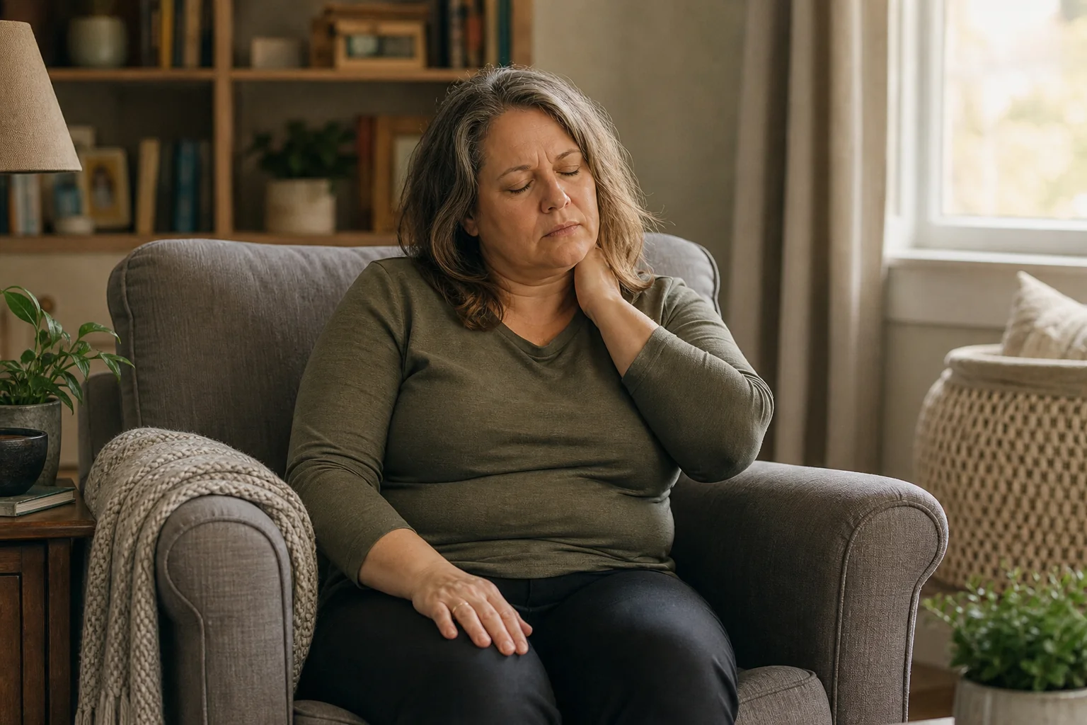 Woman in her fifties in a grey armchair, hand at her neck, worn down before chronic pain hypnotherapy