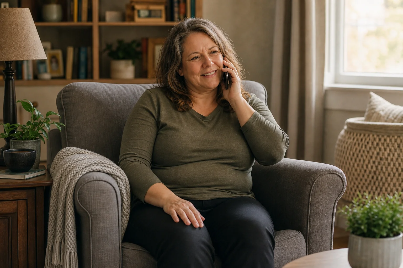 Smiling woman on a mobile in her armchair, making the free consultation call about chronic pain hypnotherapy