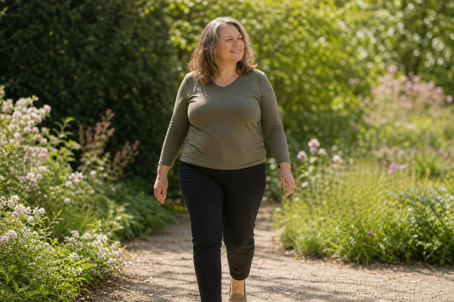Woman on a gravel path between blossoming borders, moving easily after chronic pain hypnotherapy in Essex
