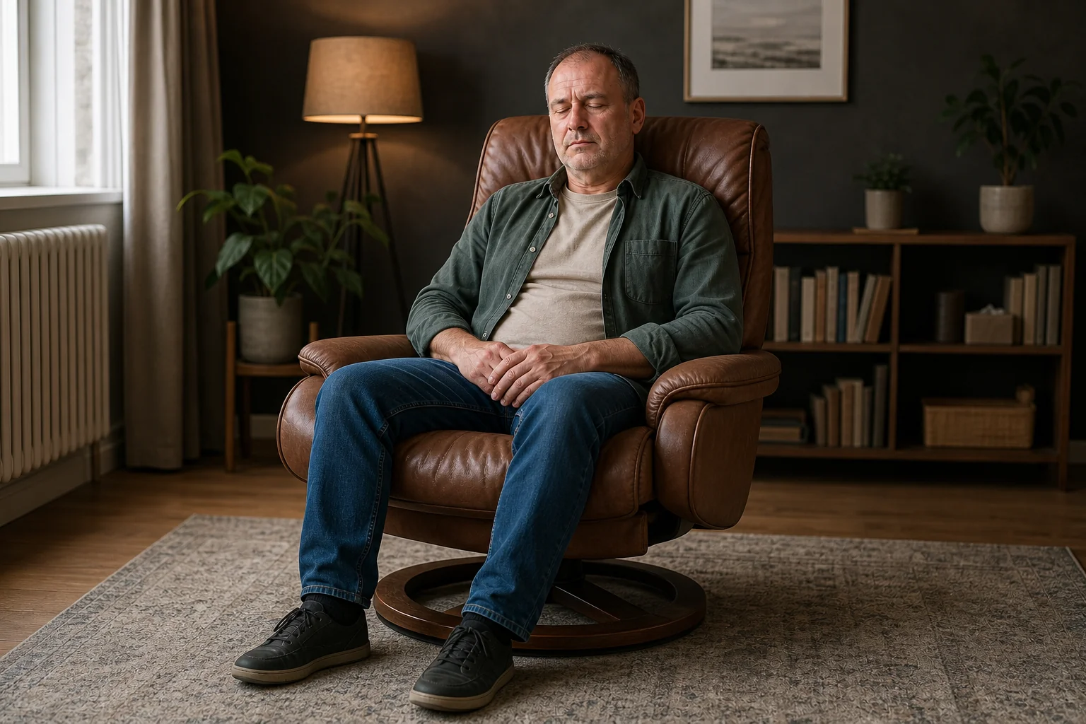 Man sunk back into a recliner beside a floor lamp and bookshelves, part-way through a pain relief hypnosis session
