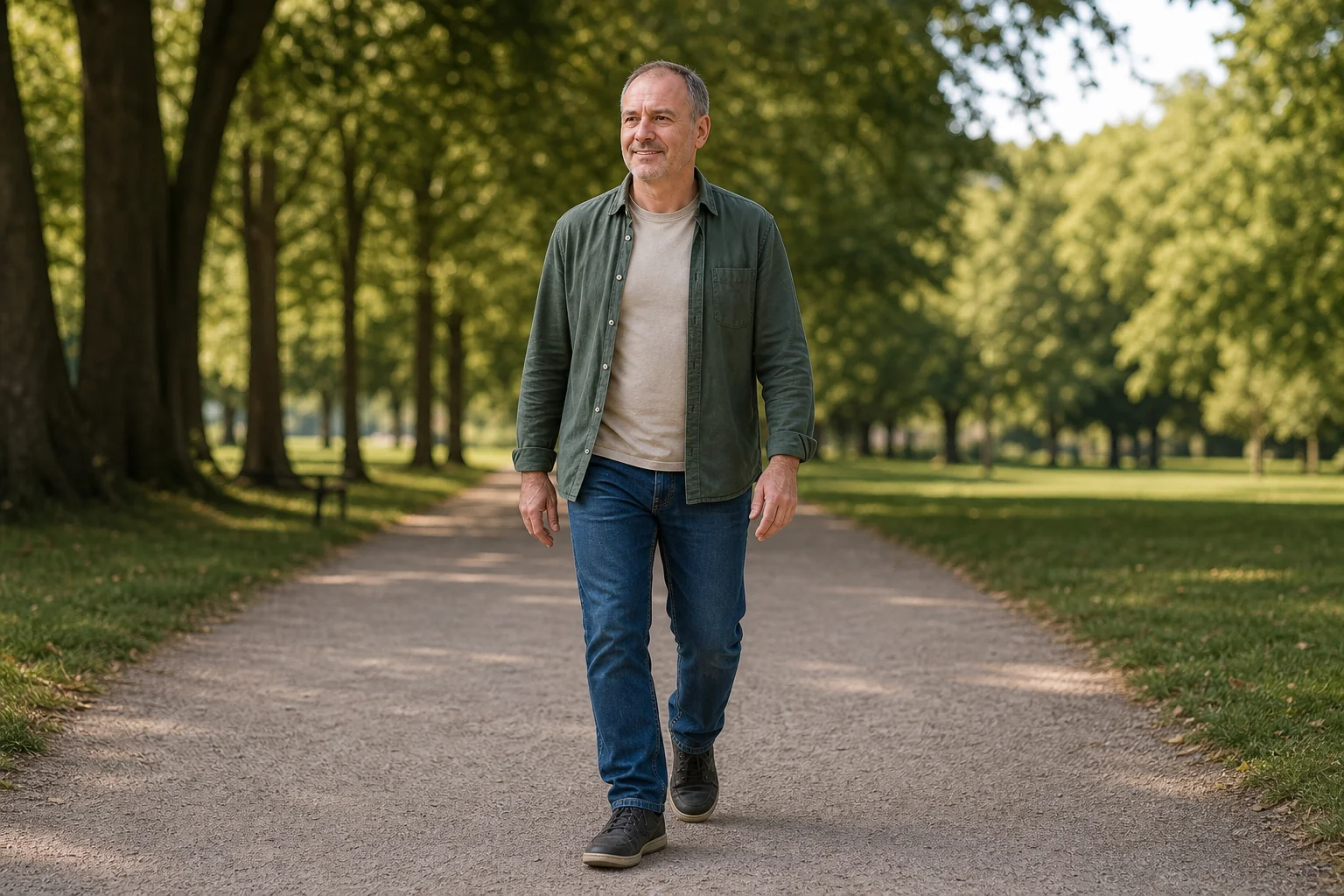 Man walking easily along a tree-lined park avenue after a course of pain relief hypnosis in Essex