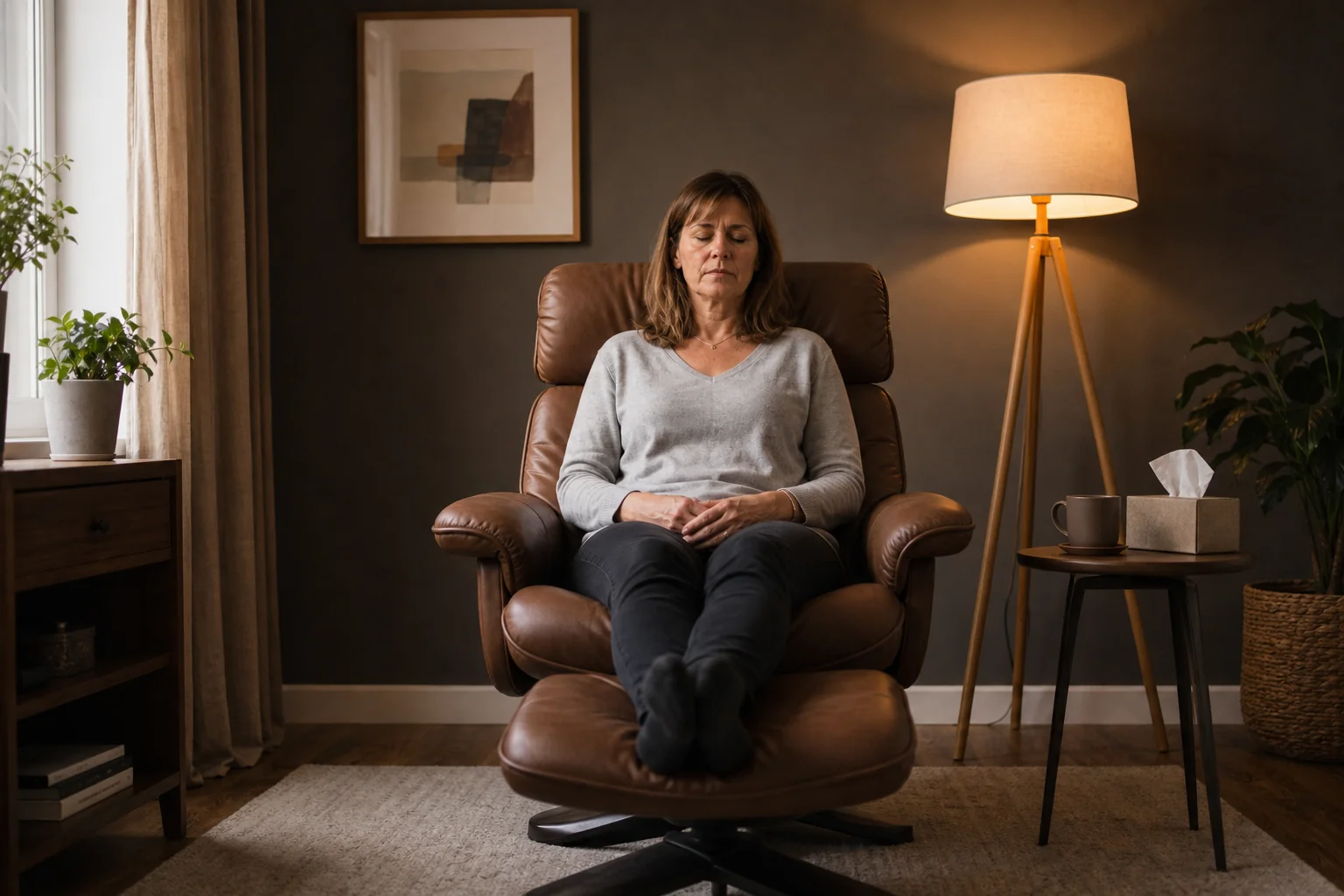 Woman settled back in a recliner with her feet up and eyes closed, mid-session in one-to-one phobia therapy
