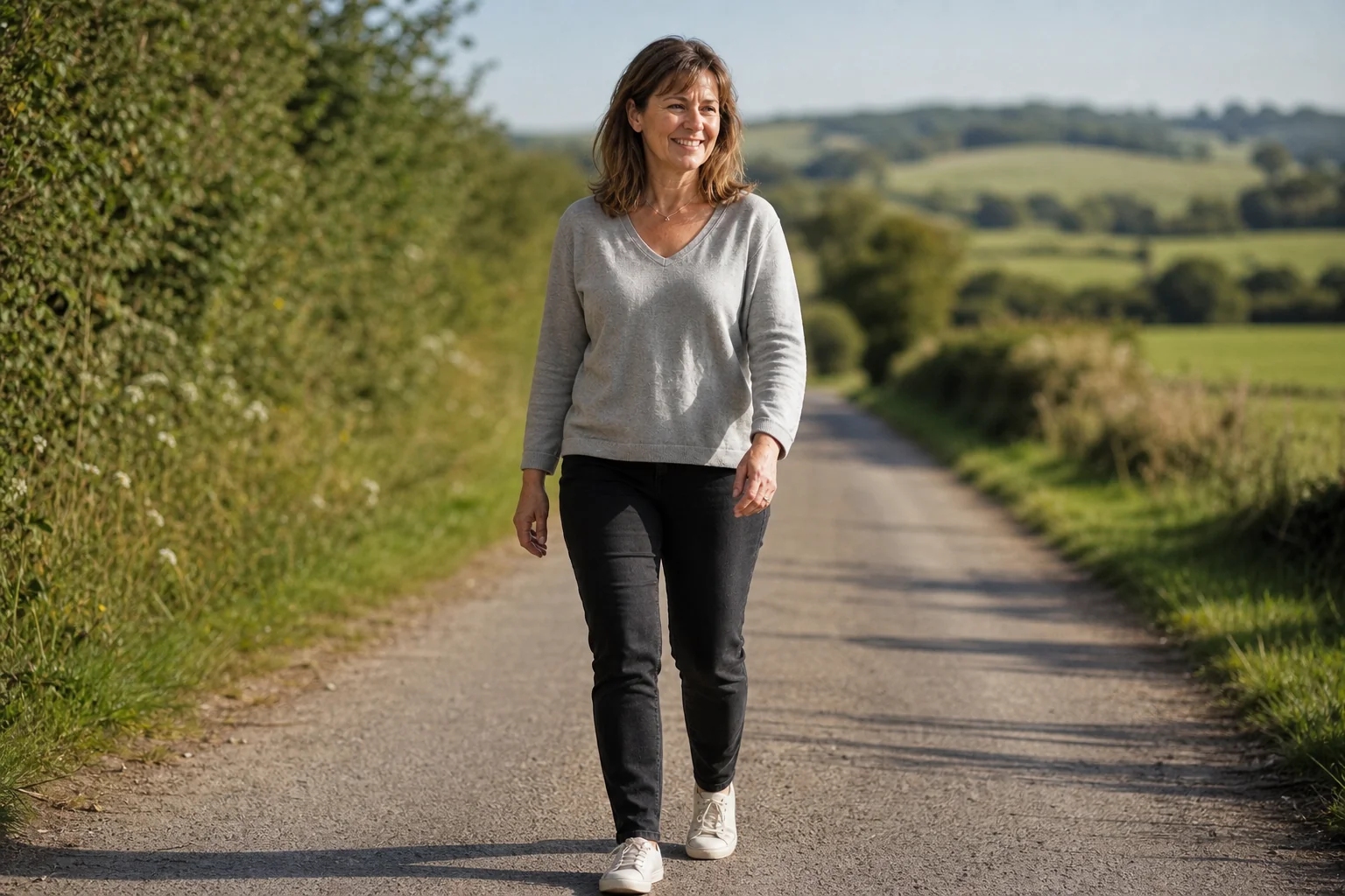 Woman walking a country lane between hedgerows, calm and unhurried, after phobia therapy in Essex