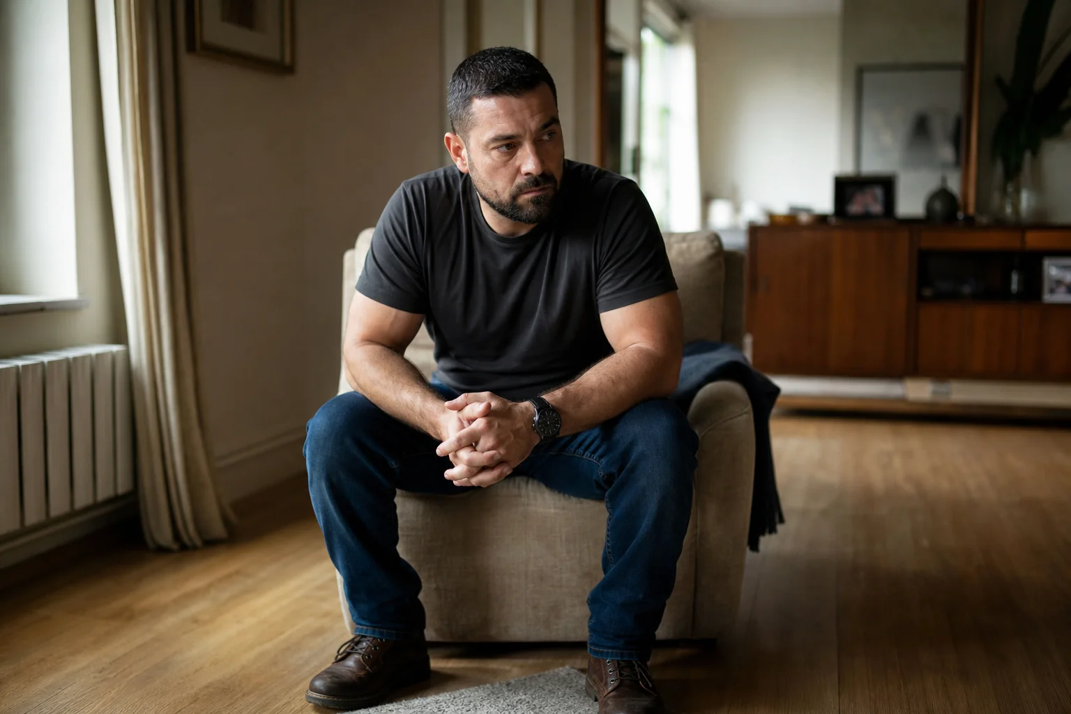 Bearded man in his forties sits forward on a sofa, hands clasped and gaze lowered, before PTSD hypnotherapy in Essex