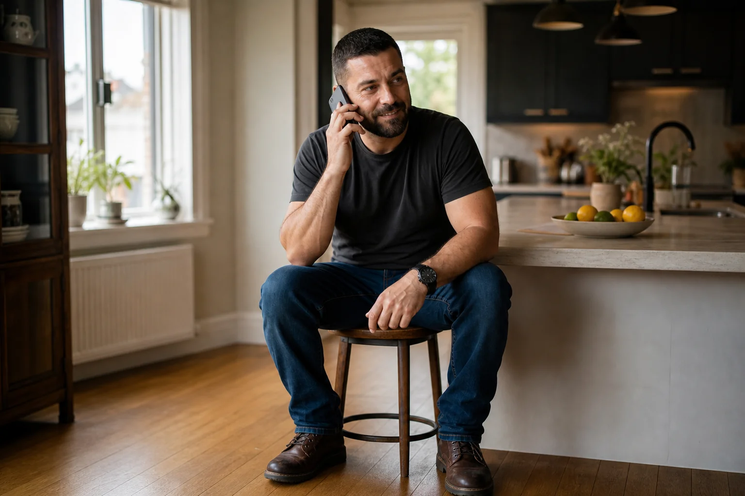 Man on a kitchen stool holding a phone to his ear, smiling slightly during a free PTSD hypnotherapy consultation call