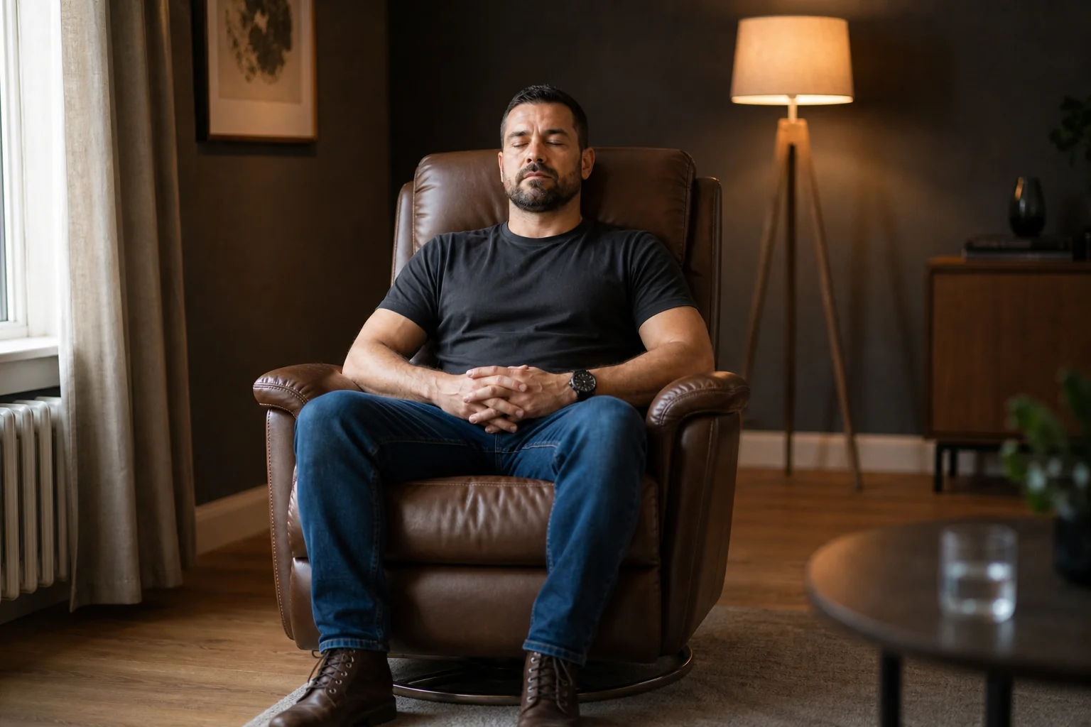 Man reclining in a brown leather armchair with eyes closed in a lamplit room during a PTSD hypnotherapy session