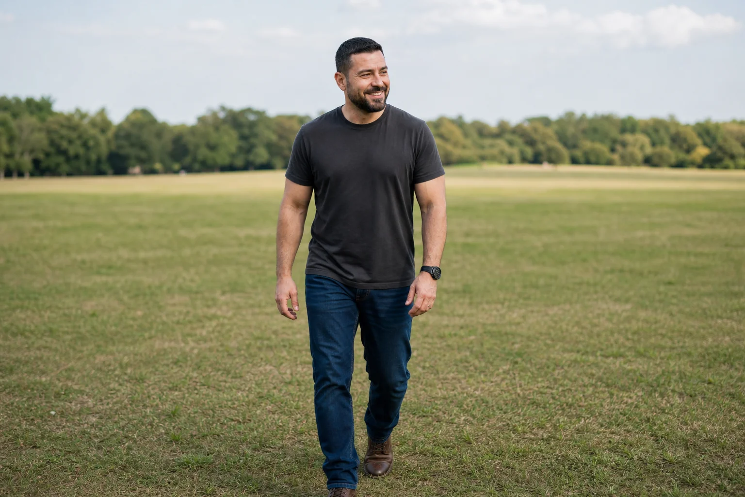 Man walking across an open grass field in daylight, relaxed and smiling, after PTSD hypnotherapy in Essex