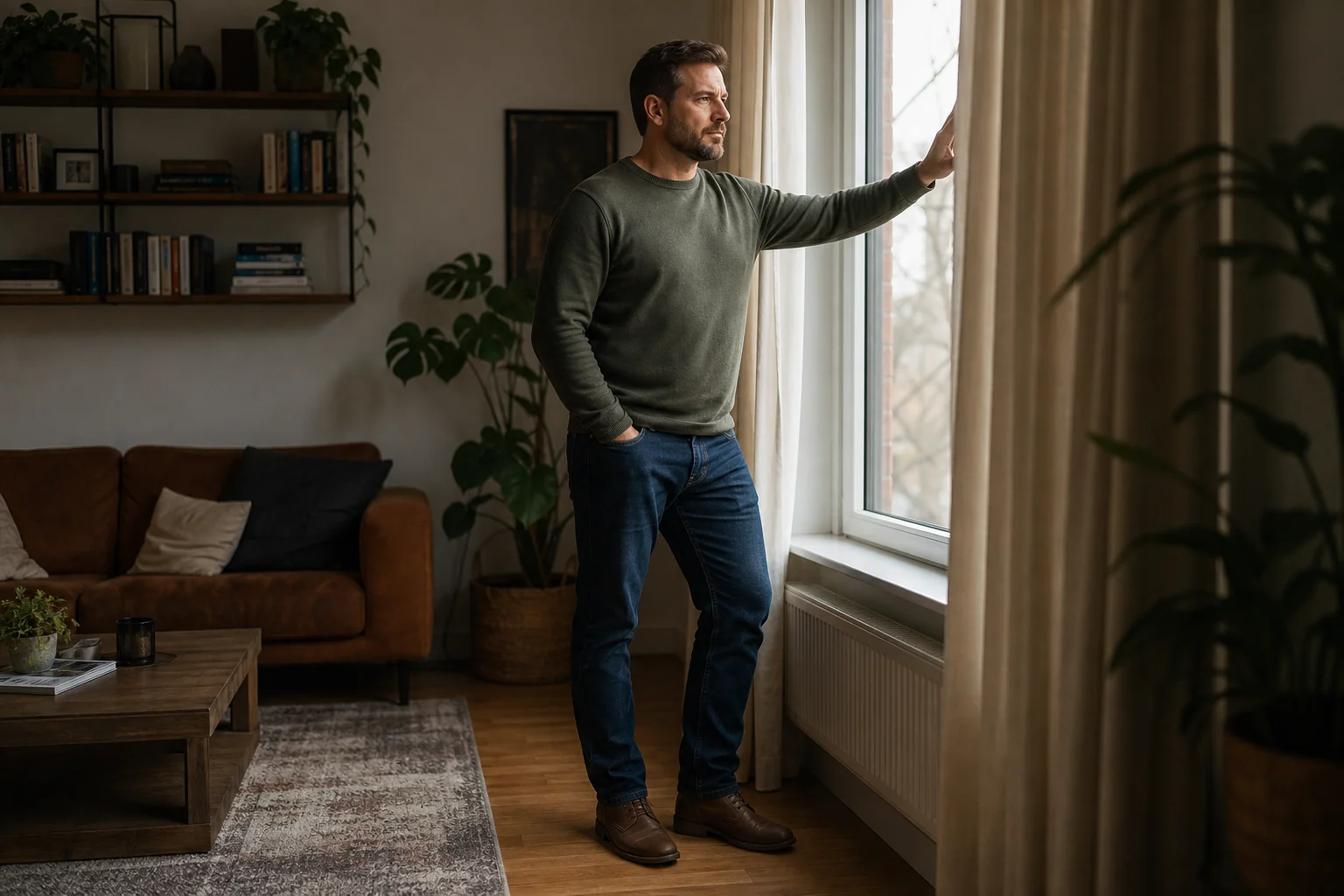 Man standing at a living-room window looking out, watchful and still, before starting PTSD therapy in Essex