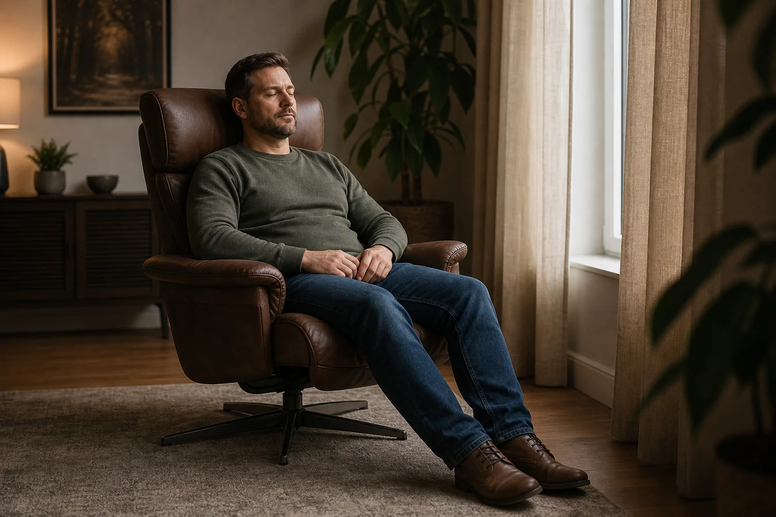 Man resting back in a recliner beside a daylit window, eyes closed, during a gently paced PTSD therapy session