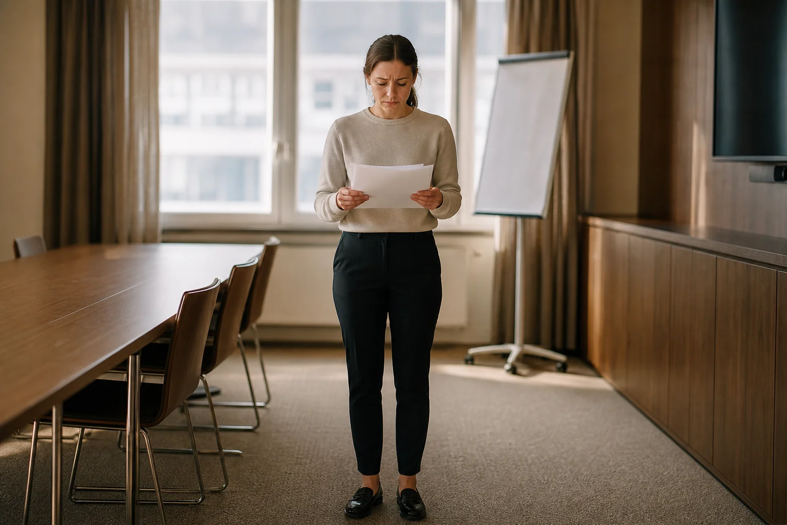 Woman in a cream jumper stands alone in an empty meeting room reading her notes, tense before speaking to a group