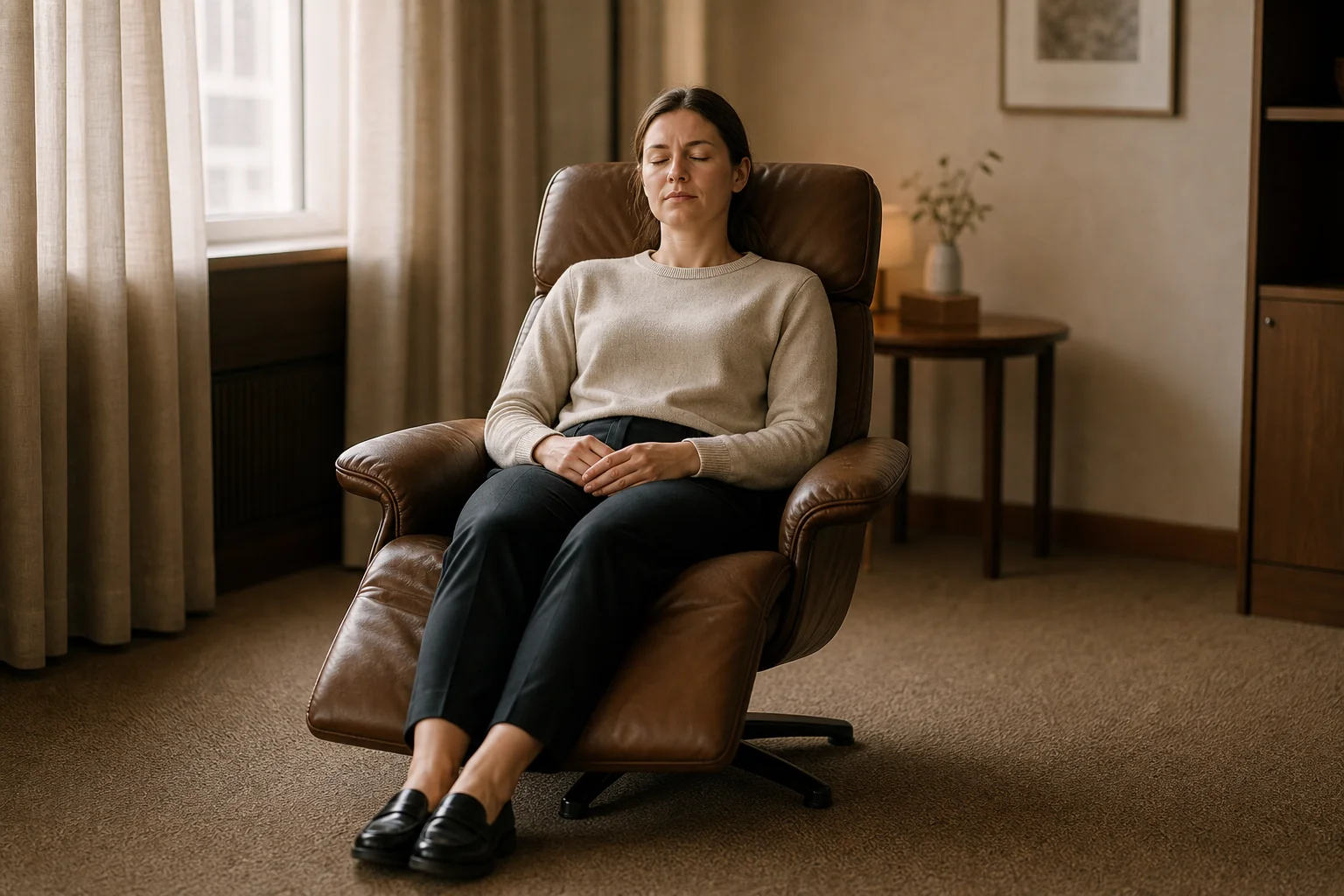 Woman resting in a leather recliner, eyes closed and hands folded, during a public speaking anxiety hypnotherapy session