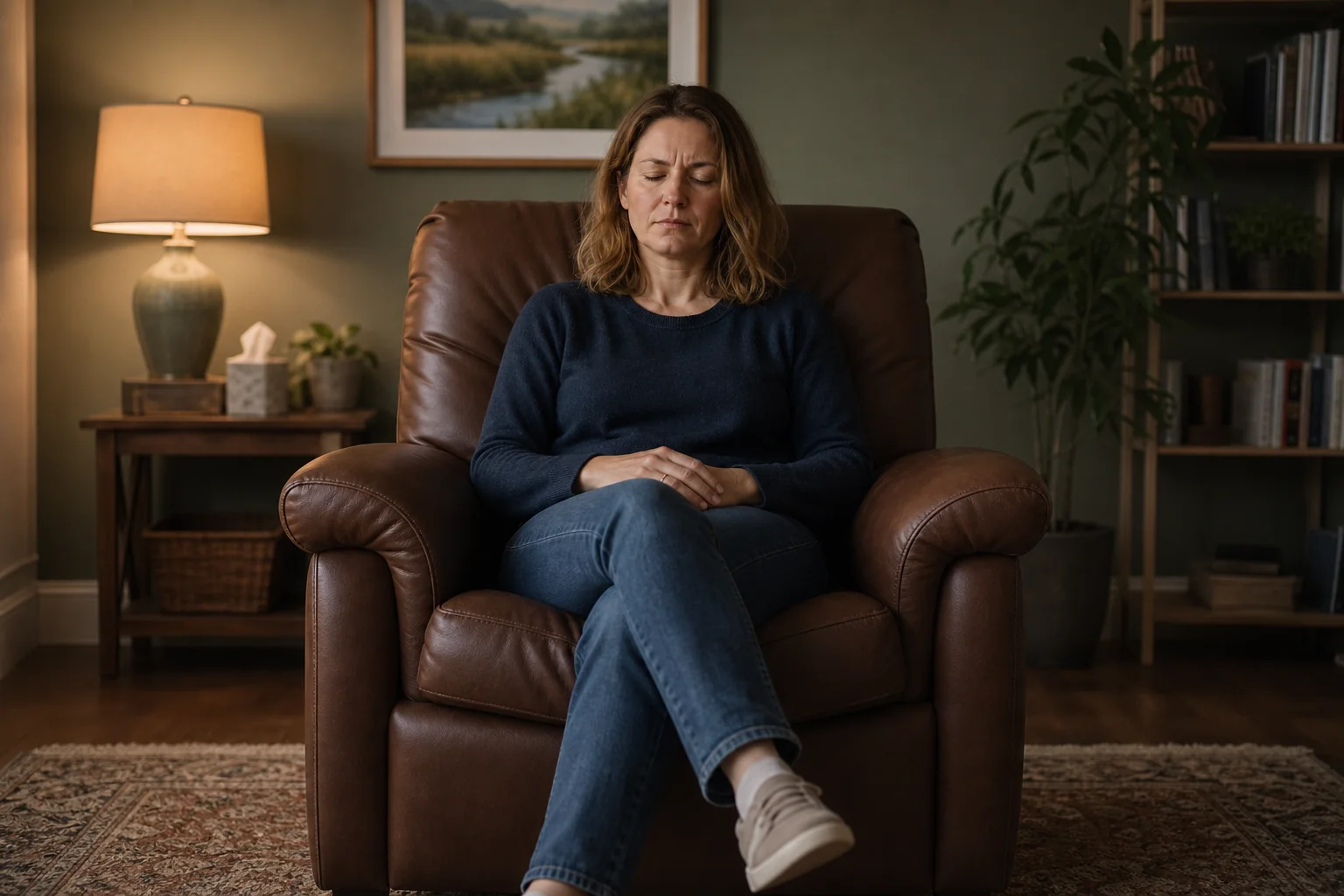 Woman lying back with eyes closed in a wide leather armchair during quit smoking hypnotherapy in Essex.
