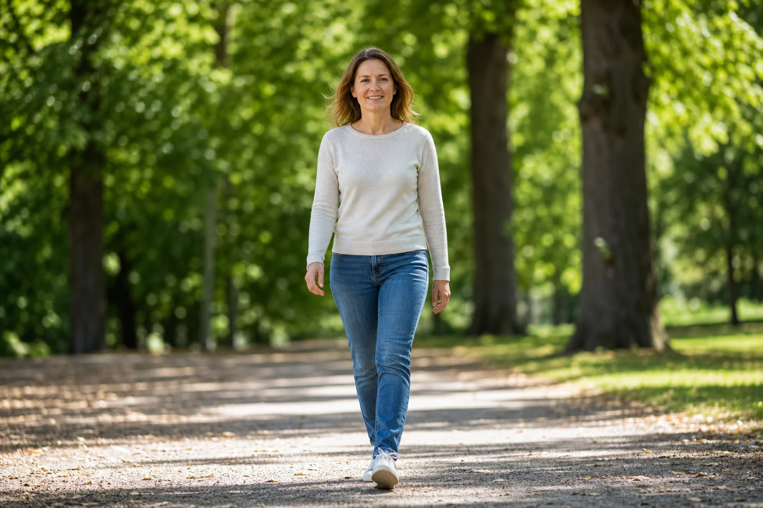 Woman in a cream jumper walking a shaded park path, smiling, living as a non-smoker after hypnotherapy.