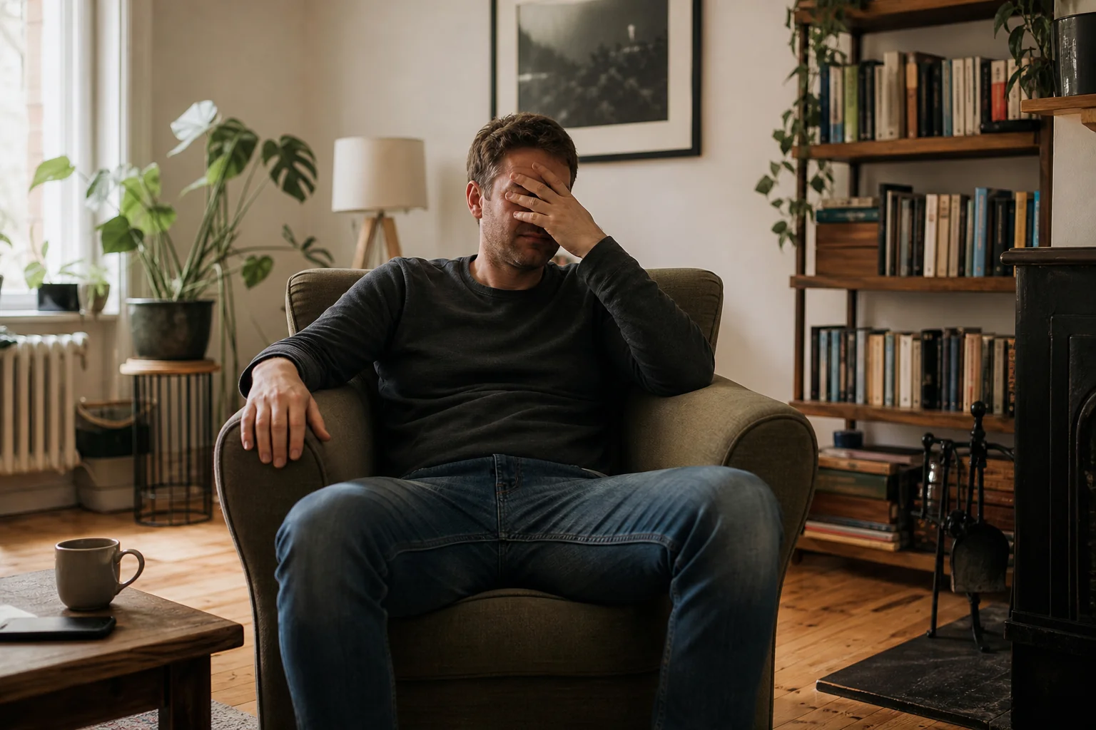 Man slumped in an armchair with a hand over his brow in a book-lined room, before rapid change hypnotherapy in Essex