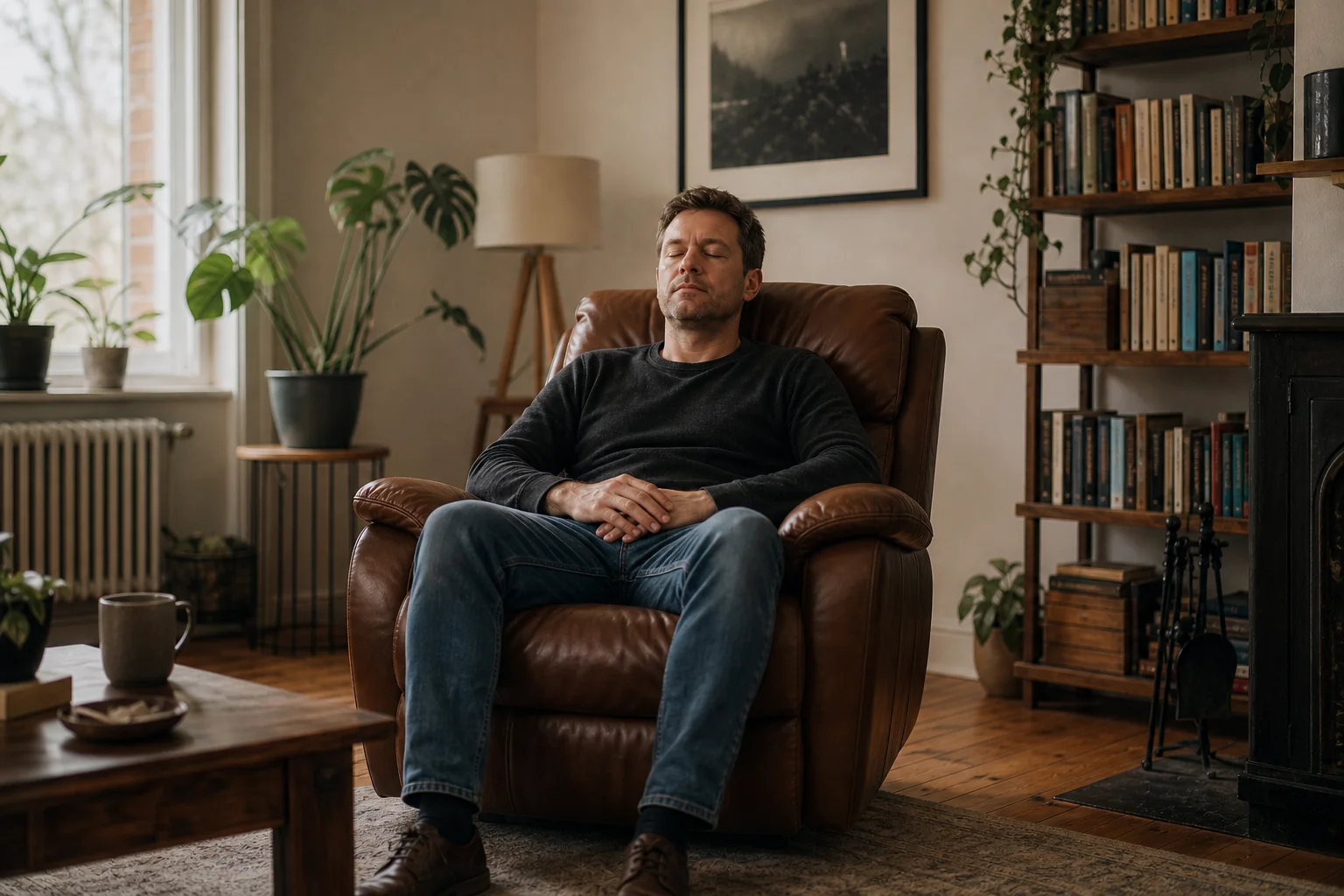 Man reclined with eyes closed in a leather chair among bookshelves during a rapid change hypnotherapy session in Essex