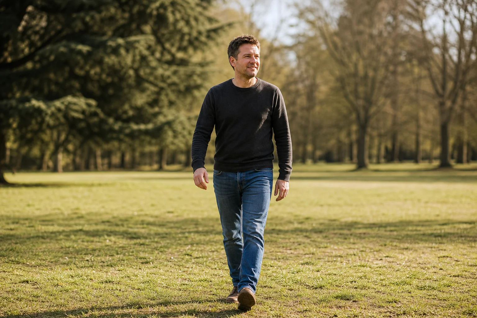 Man walking through sunlit parkland with an unhurried, upright posture following rapid change hypnotherapy