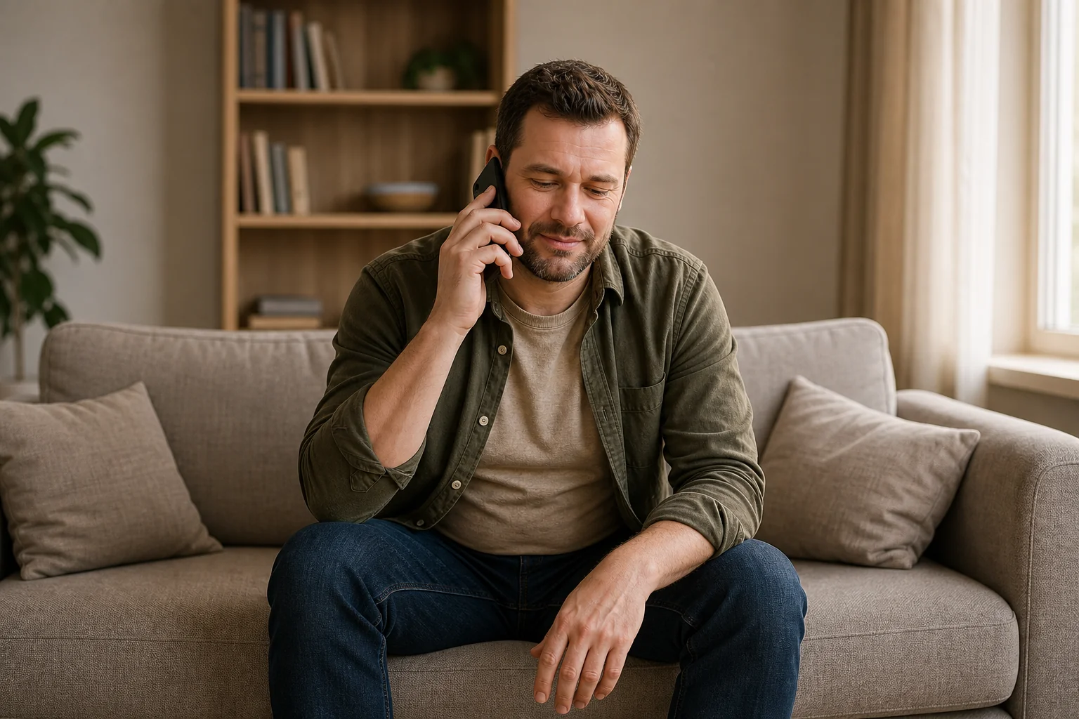 Man sitting forward on a sofa with a phone to his ear, making the free consultation call for stop gambling hypnosis