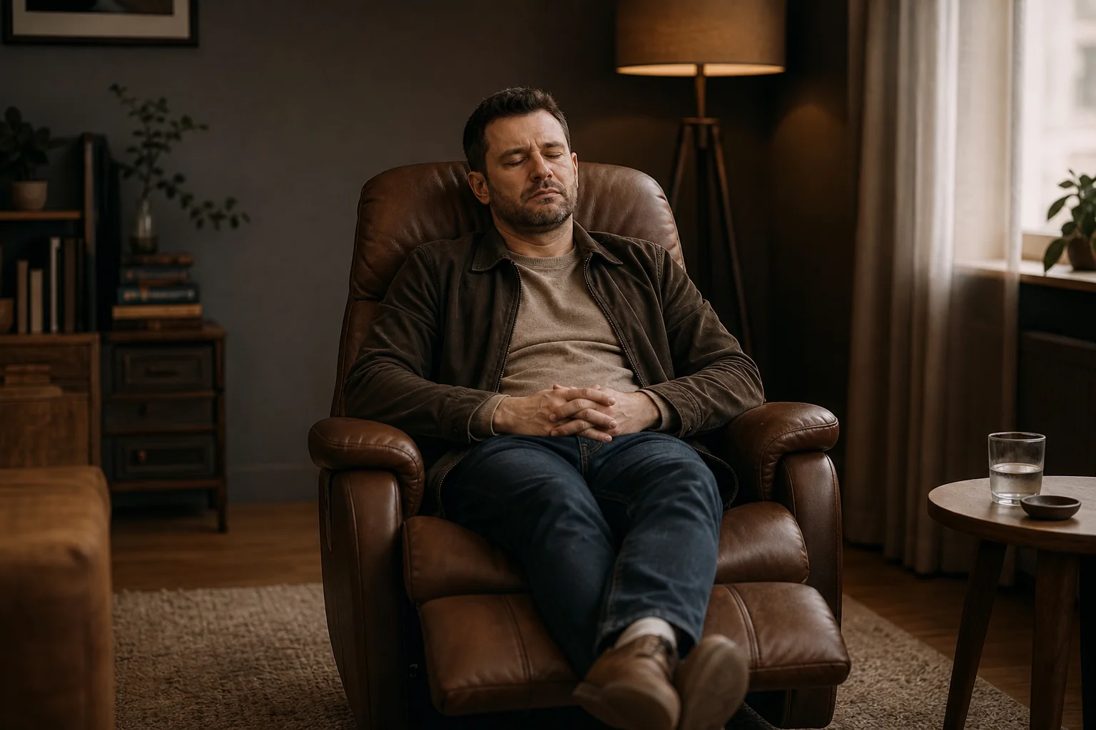 Man resting in a leather recliner with his eyes closed and hands linked during a stop gambling hypnosis session in Essex