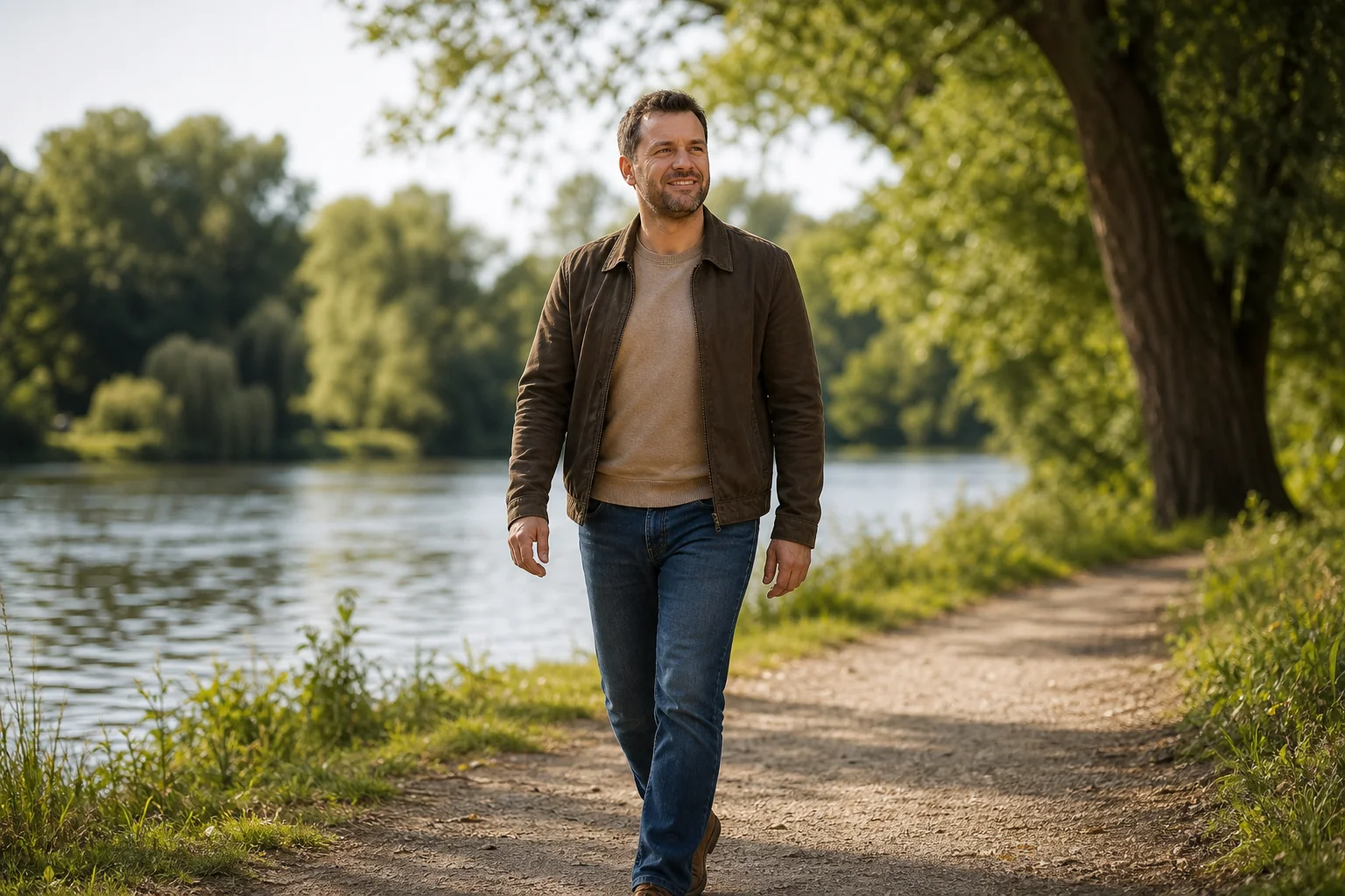 Man walking a riverside path in summer with a light smile, showing the changed state after stop gambling hypnosis