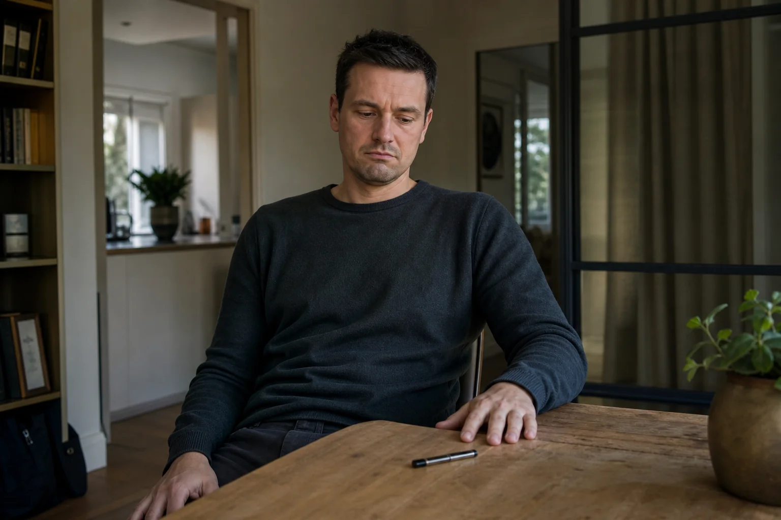 Man in his forties at a table, looking down at a vape pen he has set aside, before stop vaping hypnosis in Essex.