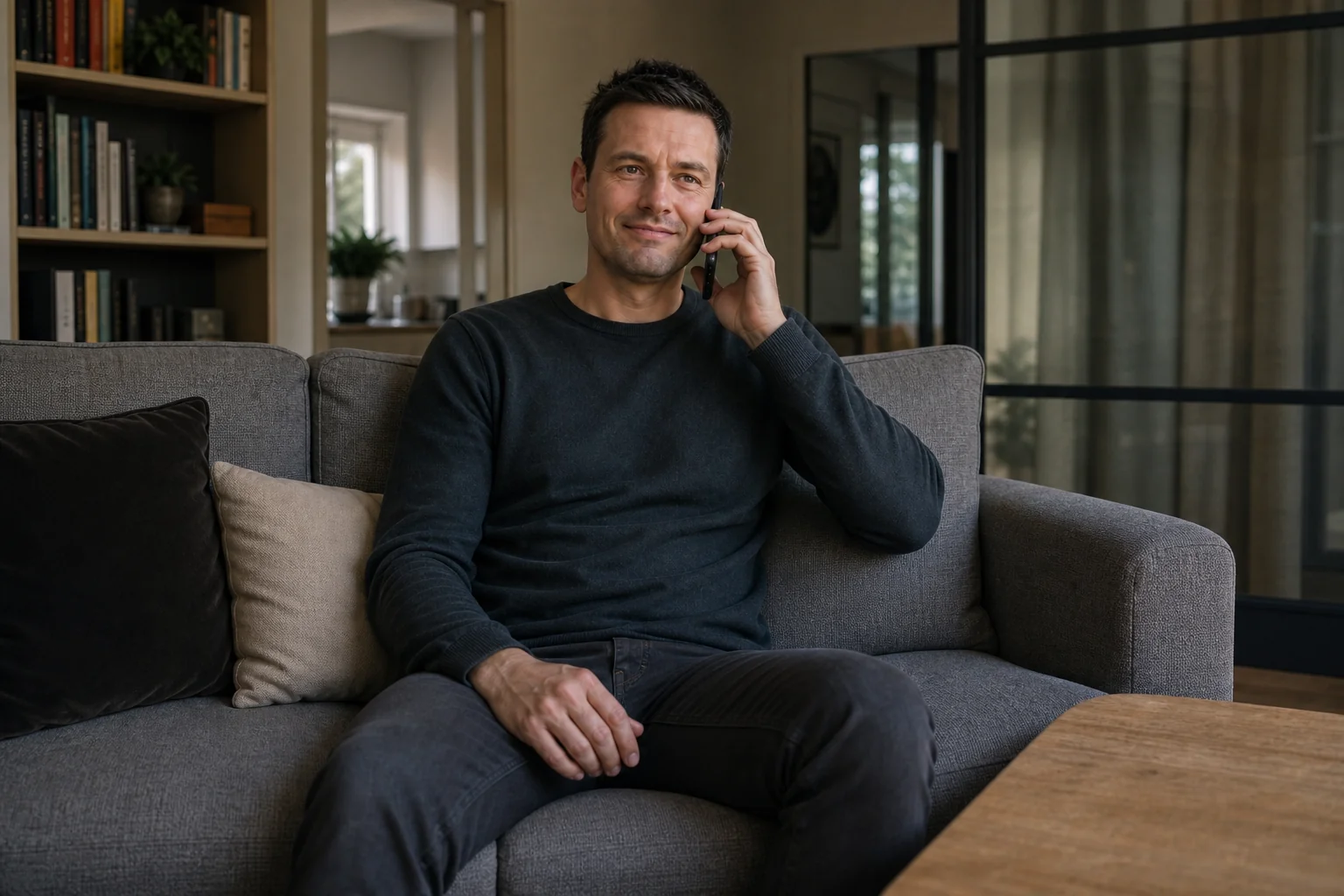 Dark-haired man sitting on a grey sofa with a phone to his ear, arranging a free stop vaping strategy call.