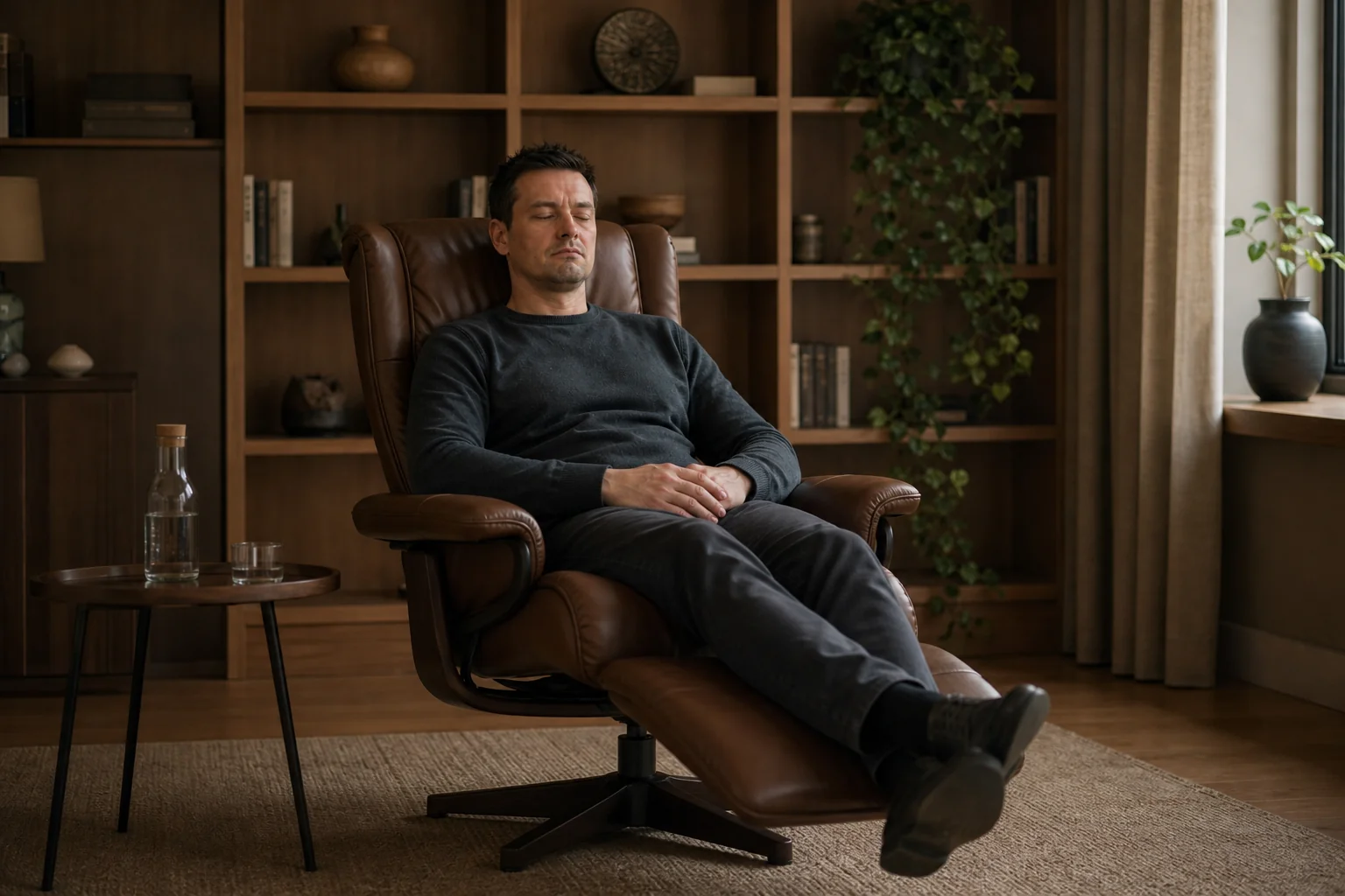Man reclined with his feet up and eyes closed in a leather chair during a one-to-one stop vaping hypnosis session.