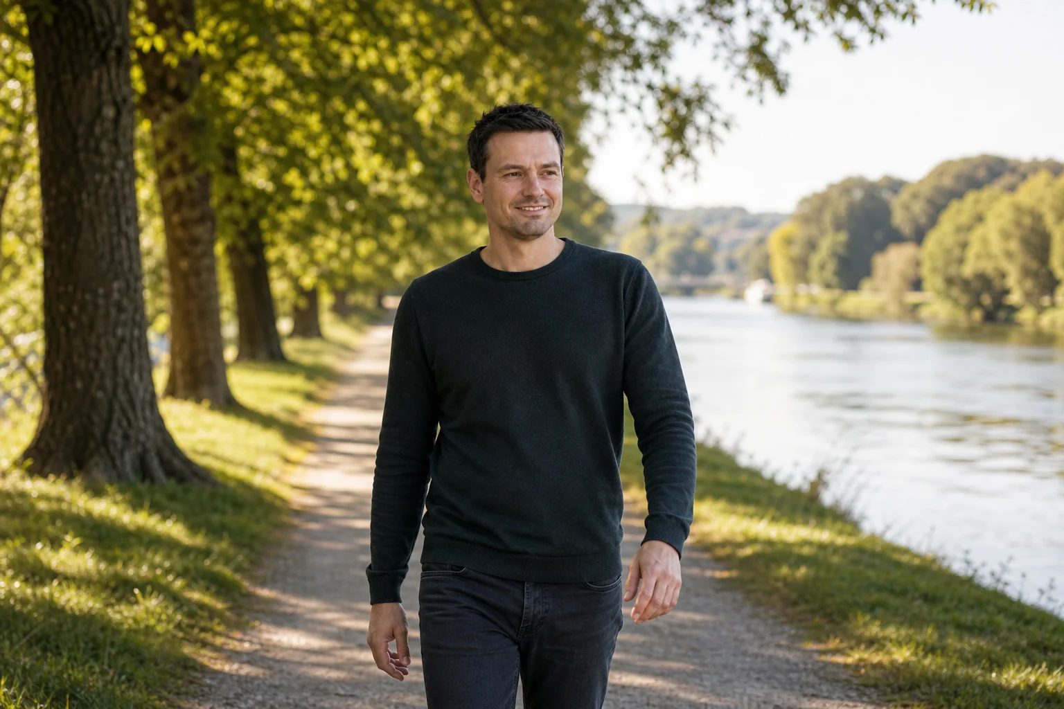 Man walking a riverside path in dappled sunlight, hands free and smiling, after stop vaping hypnosis in Essex.